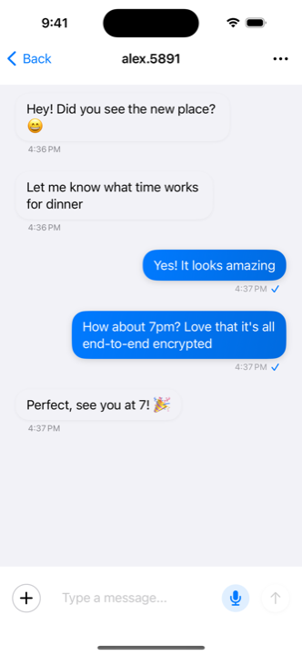 Kosmos Hi-Lo chat screen showing an end-to-end encrypted conversation
